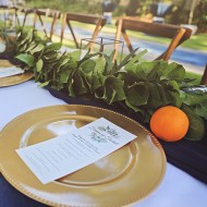 Cross Back Farm Chair, Gold Charger Plate & Navy Chiffon Runner