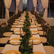 Cross Back Farm Chair, Gold Charger Plate & Navy Chiffon Runner