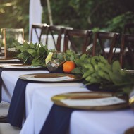 Cross Back Farm Chair, Gold Charger Plate & Navy Chiffon Runner