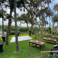 8 ft. Farm Table, Cross Back Chairs & White Dance Floor